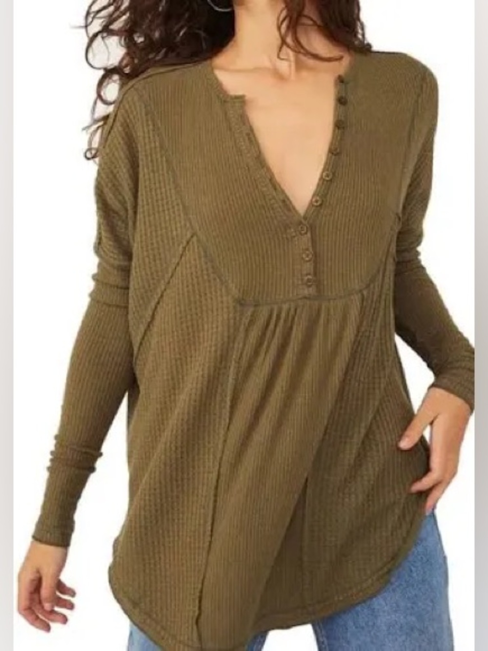 Free People Leo Henley Waffle Knit Tunic Top Olive Green Size Large Boho Fall